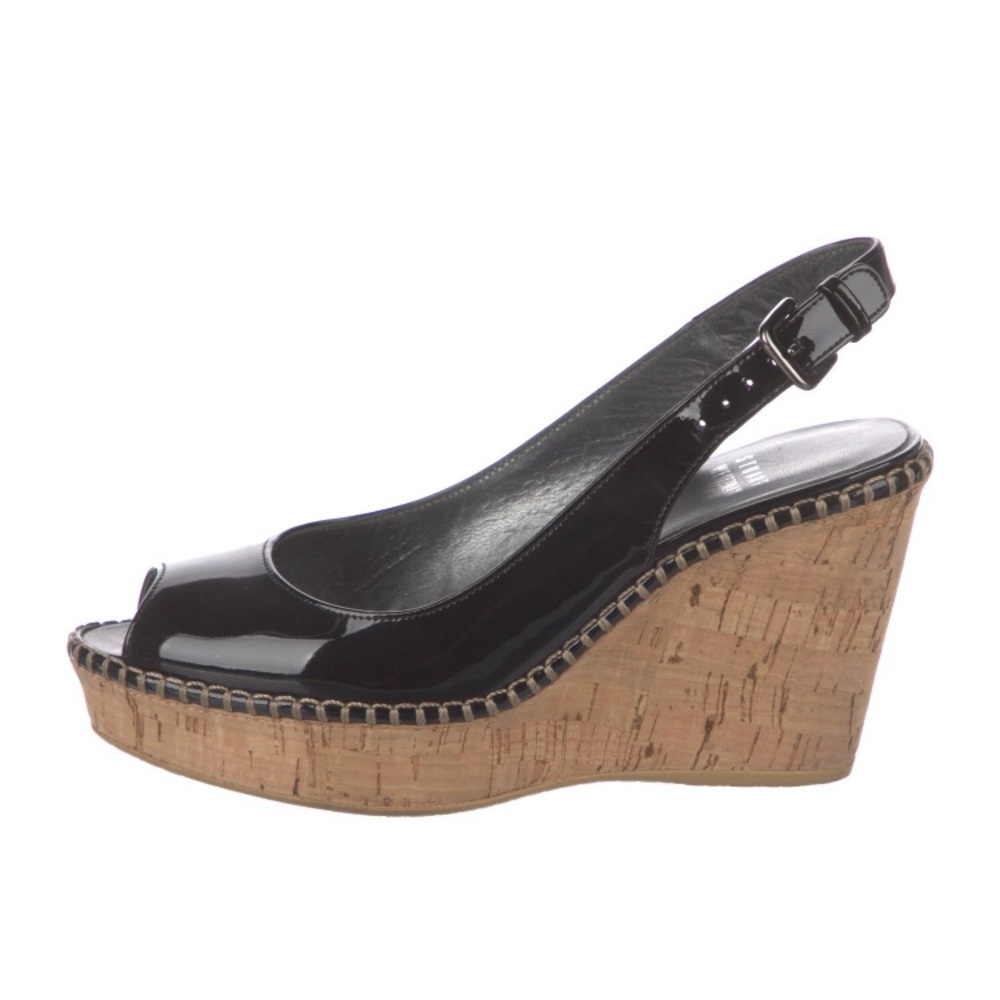 Stuart Weitzman Black Patent Peep-Toe Cork Wedge Slingbacks - Picture 2 of 5
